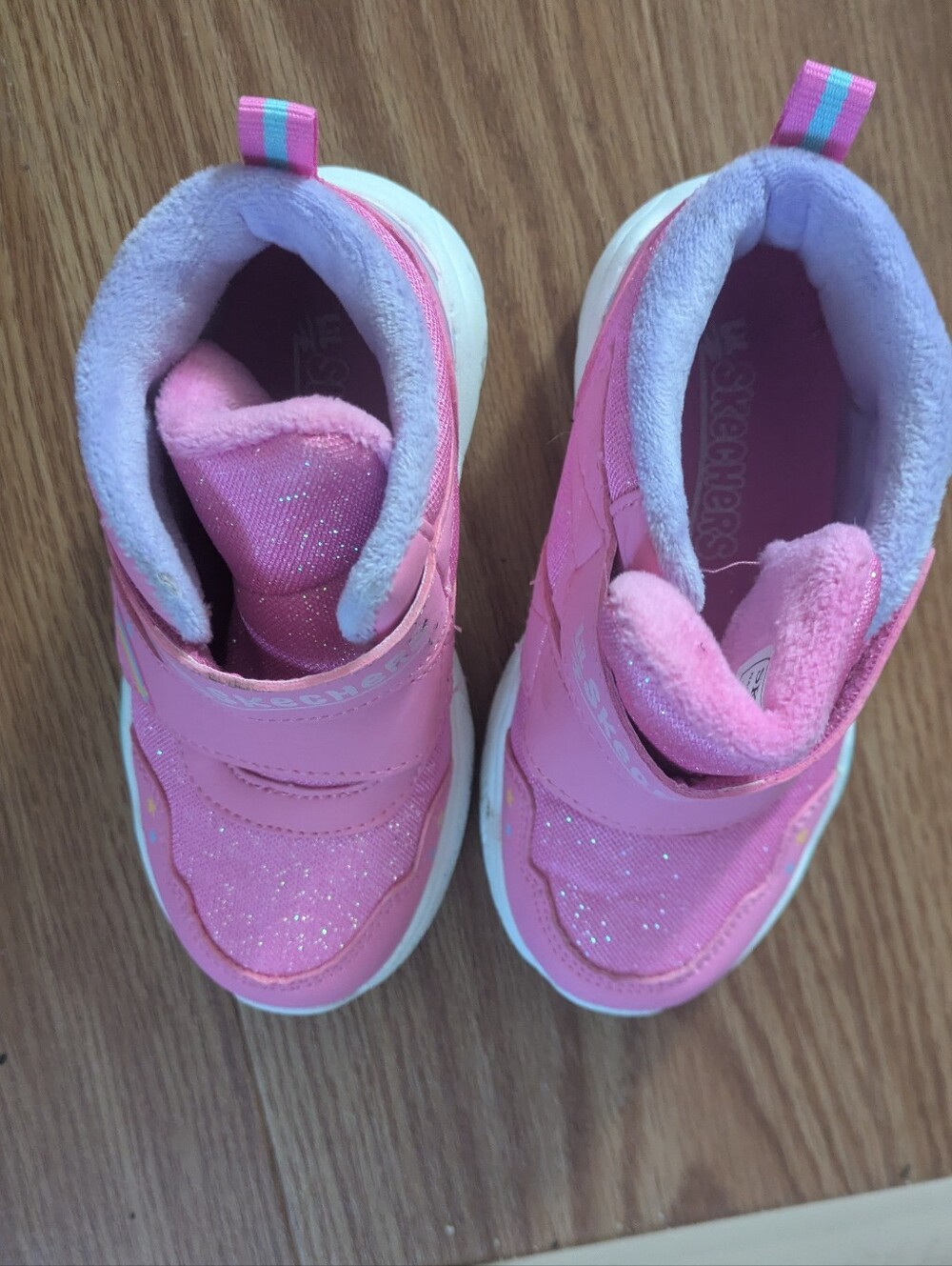 Skechers Girls Pink Glitter Velcro Sneakers with Lavender Trim